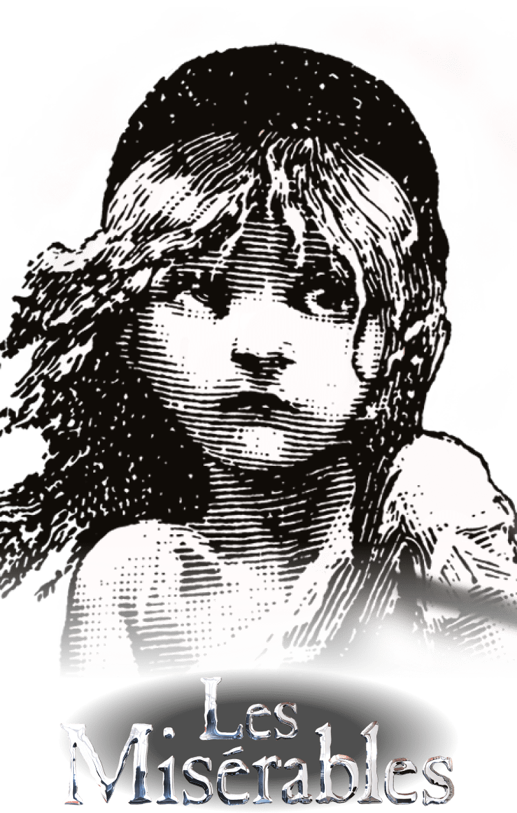 Cosette portrait logo with Les Miserables silver logo text below